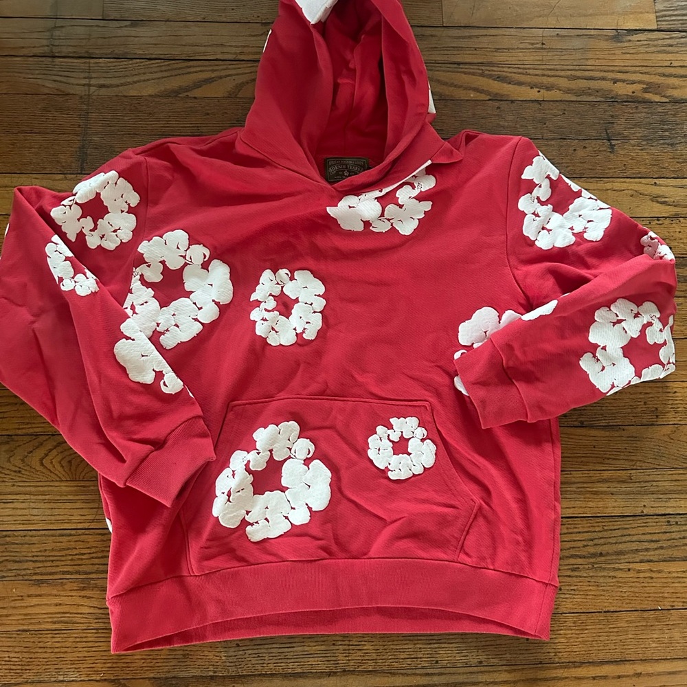 Vibrant Red Hoodie with White Floral Accents
